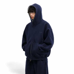 Men's Oversized <b>Navy</b> Blue Zip-Up Hoodie 100% Cotton Fleece Casual Hooded <b>Sweatshirt</b> Solid Color Front Logo Autumn Wear - Product Image 4