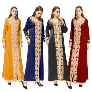 Wholesale Modest Dubai Beaded Sequined Long Sleeve <b>Abaya</b> Muslim Traditional Handmade Wedding Women Polyester Breathable V Neck - Product Image 5