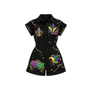 Mono de manga corta morado con lentejuelas para mujer, cintura alta, cuello vuelto, temática Mardi Gras, con bordado de lentejuelas - Product Image 2