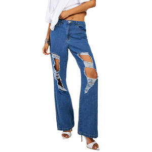 High Quality <b>Elastic</b> Tight Pants Best Quality High <b>Waist</b> Ripped Wide Leg <b>Jeans</b> Women Vintage Distressed Denim Pants - Product Image 5
