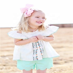 Top en coton brodé à épaules dénudées pour bébé fille, mignon et blanc, short contrasté pour enfants, vente en gros, directement à l'usine, 2020 - Product Image 1