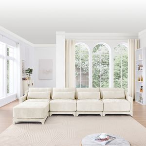 Divano in Tessuto Chenille di Alta Qualità a Quattro Posti con Pouf Mobile, Base in Legno Facile da Installare, Ergonomico e Resistente per Soggiorno - Product Image 3