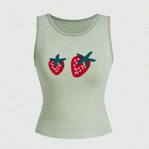 Custom Women <b>Strawberry</b> Print Ribbed Crop Tank <b>Top</b> Sleeveless Cotton Slim Fit Summer Casual Vest Wholesale OEM - Product Image 1