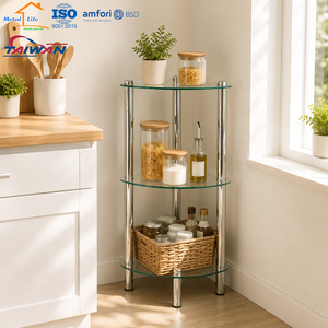 Estante esquinero de vidrio templado de 3 niveles hecho en Taiwán, estante de almacenamiento para cocina con tubo cromado, fábrica con certificación ISO9001 y BSCI - Product Image 1
