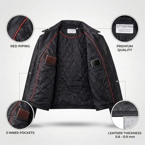 Chaqueta de Motociclista de Cuero Vacuno para Hombre, Talla Grande, Cuello Camisero, Cierre de Cremallera, Corte Regular, para Otoño, Color Sólido - Product Image 6