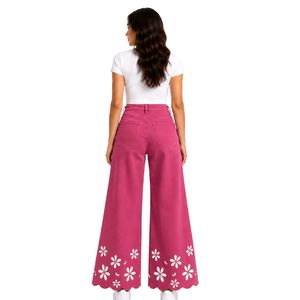 Pantalones Vaqueros Anchos de Mujer con Bordado Floral Rosa Personalizado, Cintura Alta, Algodón, Estilo Palazzo, Etiqueta Privada Personalizada, Moda Casual - Product Image 2