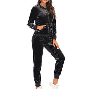 Custom Logo Solid Full Zip Velour Hoodie Joggers Set <b>Women</b> Teal Blue 100% Cotton <b>Velvet</b> <b>Tracksuit</b> Casual Streetwear Activewear - Product Image 2
