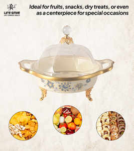 Plato para servir con tapa transparente tipo domo, material de porcelana fina, aspecto moderno y lujoso de alta calidad con soportes dorados. - Product Image 4