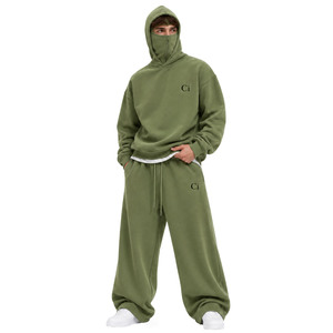 Ensemble de survêtement OEM personnalisé avec cagoule oversize, vert olive, en molleton de coton épais, pantalon de survêtement large, style streetwear urbain et ample - Product Image 1