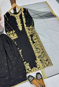 ชุดสาหรี่กะมีซ 3 ชิ้น ดีไซน์ใหม่ สำหรับเทศกาลอีด ตกแต่งด้วยงานปักหนักแบบทันสมัย ผ้าไหมจีนผสมผ้าไหมโรมัน ประดับด้วยเลื่อม เหมาะสำหรับงานแต่งงาน - Product Image 5