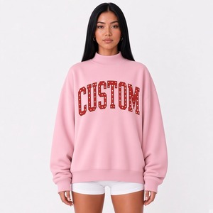 <b>Women</b> <b>White</b> Mock Neck Sweatshirt Oversized Drop Shoulder Long Sleeve Top With Red Custom Logo Print - Product Image 3