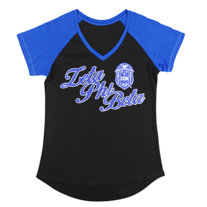 Camiseta negra con cuello en V Zeta Phi Beta, camiseta informal con escritura griega ZPB para mujer, camiseta informal con mangas raglán, ropa ligera para el día a día - Product Image 1