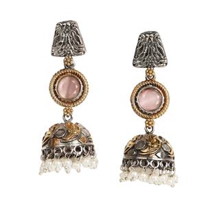 Pendientes de latón plateado oxidado con diseño de flor, ojo de gato rosa, perla sintética, joyería vintage para boda, regalo para mujer - Product Image 1