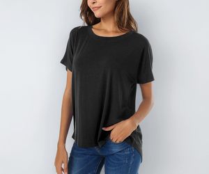 T-shirt d'été décontracté pour femme, col rond, manches courtes, coupe ample, écoresponsable, uni, décoré de plumes, 180g - Product Image 2