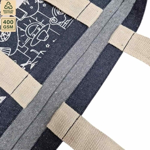 กระเป๋าผ้าเดนิมชายหาด 400 GSM ขนาด 38x41x8 ซม. รับทำโลโก้ตามสั่ง ขายส่ง OEM แบรนด์ส่วนตัว สั่งซื้อจำนวนมาก รุ่น SNC48 ใช้ซ้ำได้ - Product Image 3