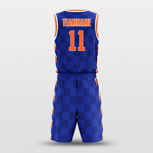 Uniformes de Baloncesto Sublimados Personalizados, 100% Poliéster Transpirable, Azul y Naranja a Cuadros, Cuello en V, Sin Mangas, Secado Rápido, Unisex para Adultos - Product Image 3