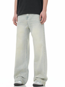 Jeans en denim décontractés pour hommes, coupe droite, style urbain, en coton et élasthanne, effet vieilli, colorés et adoucis - Product Image 3