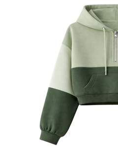 Conjunto de dos piezas casual para mujer: Sudadera corta con cremallera y bloques de color verde oliva, y pantalones cortos con bolsillos cargo. Poliéster y algodón. Venta al por mayor personalizada. - Product Image 3