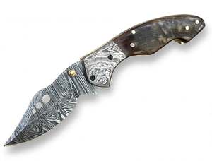 Couteau de poche pliant artisanal en acier Damas, manche en corne, bolster en Damas, outil EDC - Product Image 3