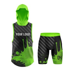 Custom Sublimated <b>Sleeveless</b> <b>Hoodie</b> & Shorts Set Green Black Striped Quick Dry Unisex Athletic Wear Adult All Seasons - Product Image 1