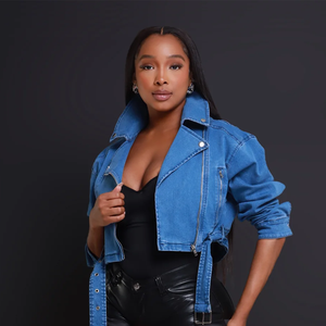 Women's Denim Moto <b>Jacket</b> With Stand Collar Zipper Closure <b>Short</b> Length Full <b>Sleeve</b> Solid Color Spring Style - Product Image 4