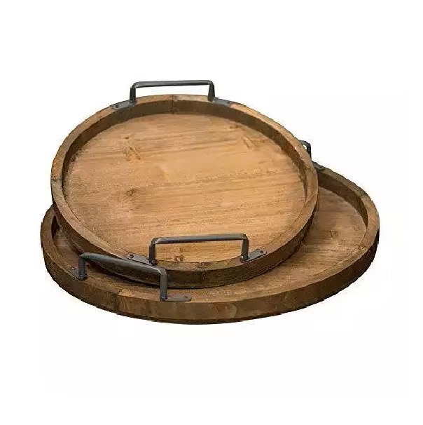 Majestic Round Wooden Serving Tray With Metal Handles Handmade Retro Design Solid Wood Dishes & Plates  Wooden Beautiful Tray