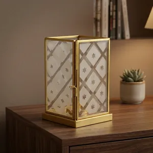 ARTISAN DESIGN <b>Brass</b> <b>Lantern</b> votive With Star Pattern Embossing For Home Decoration Weddings Durable Candle Holder - Product Image 2