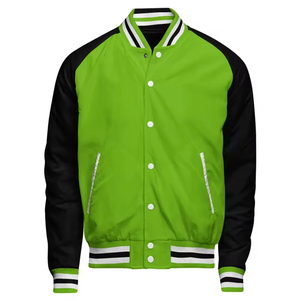 Men's Green Varsity Jacket Black Sleeve Regular Fit Casual Crew Neck <b>Covered</b> <b>Button</b> Closure Canvas Material Winter Streetwear - Product Image 3
