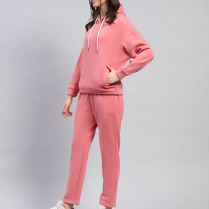 Women <b>Pink</b> Hooded Sweatshirt Jogger Pants <b>Set</b> Casual Winter Full Sleeve Solid Color Regular Fit Eco-Friendly <b>Tracksuit</b> Side - Product Image 3