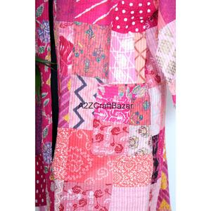Bata corta de algodón 100% hecha a mano con estampado floral Kantha, cuello en V, manga larga, cierre con cordón, transpirable y suave para mujer - Product Image 2