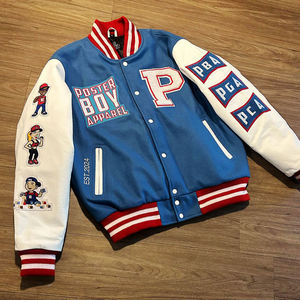 Poster Boy Apparel Men's Blue White Varsity Jacket Turn-<b>down</b> Collar Embroidered P Logo Preppy Style Autumn Wear - Product Image 1