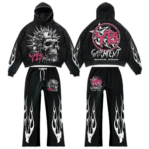 Ensemble sweat à capuche unisexe noir style punk avec pantalon large à motifs flamme, tenue deux pièces graphique vintage streetwear gothique Y2K délavée - Product Image 1
