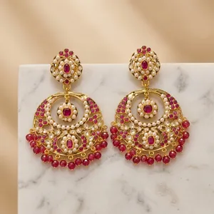 Pendientes de Araña de Latón con Baño de Rodio Jadau Kundan de Diseñador, Joyería de Declaración para Mujer con Zirconia y Perlas de Imitación, Venta al por Mayor - Product Image 5