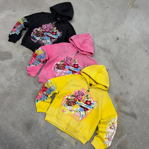 <b>Pink</b> Yellow Black Floral Print Nylon Hooded Windbreaker Set Oversized Zipper Nylon Unisex Adult All Seasons Fleece Outfit - Product Image 3