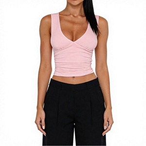 Top Corto Rosa Fruncido con Cuello en V para Mujer, Sin Mangas, Ajustado, de Punto, Color Sólido, Sexy, para Club - Product Image 4