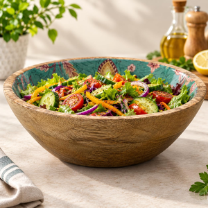 Bol en émail en bois style Charpai à imprimé floral, idéal pour servir salades, fruits, collations, pour la cuisine, la salle à manger, la décoration intérieure, vente en gros - Product Image 4