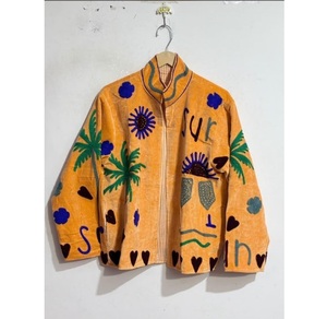 Velvet Bohemian Suzani <b>Jacket</b> Women Embroidered Floral Handmade Ethnic <b>Pattern</b> Reversible <b>Quilted</b> 100% Cotton Fashion Statement - Product Image 1