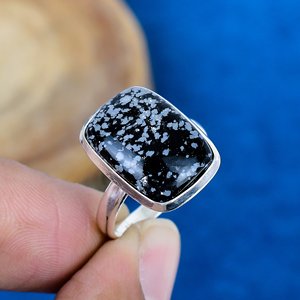 Natural Snowflake Obsidian <b>Cushion</b> Shape Gemstone <b>Ring</b> , 925 Sterling Silver <b>Ring</b> - Product Image 1
