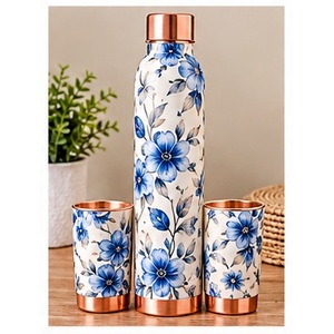 Designer Floral Copper Water <b>Bottle</b> Set with <b>Pink</b> Blossom Design Portable Drinkware for Travel - Product Image 5
