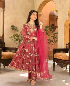 Designer Red Floral Anarkali Suit Set with Dupatta Girls Children Ethnic <b>Wedding</b> Party Wear Dress for Winter Summer - Product Image 2