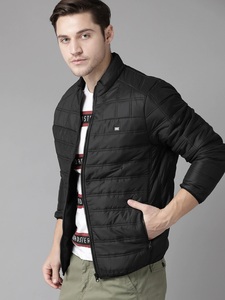 Men's Black <b>Quilted</b> Jacket Stand Collar Zipper Front Windproof Casual Solid Color Slim Fit Polyester <b>Wadding</b> Autumn Wear - Product Image 2