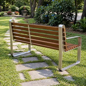 Modern Outdoor <b>Garden</b> <b>Bench</b> with Brown Wooden Slats and Silver <b>Metal</b> Frame for Park Patio Lawn Balcony and Public Seating XL - Product Image 6