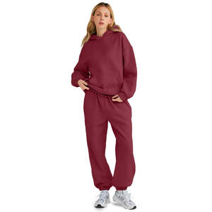 Ensemble deux pièces pour femme, sweat à capuche et pantalon de jogging, rouge vin, polaire, pull décontracté, coupe classique - Product Image 6