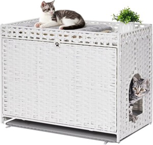 White Woven <b>Cat</b> House Pet Crate Rattan <b>Cat</b> Shelter with Soft <b>Mat</b> Hidden Door for Living Room Bedroom Balcony - Product Image 1