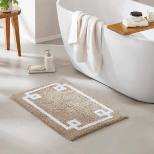 Modern Geometric Bath <b>Mat</b> Rectangle Cotton Tufted Non-Slip Rubber Backing Thick Beige White Border Home <b>Bathroom</b> Rug - Product Image 1