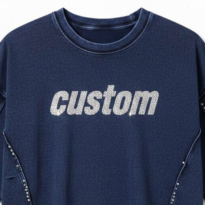 Premium Heavyweight Cotton Navy Blue Acid Wash Crop Top | Custom Rhinestone Logo <b>Studded</b> Seam Streetwear T-shirt - Product Image 5