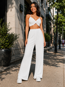 Pantalon large plissé blanc taille haute coupe ample longueur totale taille élastique décontracté été anti-plis pour femme - Product Image 4