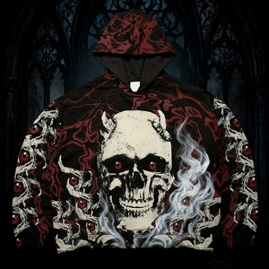 Sweat à capuche gothique pour homme, coupe oversize, zippé, imprimé par sublimation, motif rouge et noir, en polyester tricoté, style automne - Product Image 1