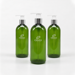 Flacon de shampooing rond en PET de 300 ml, flacon pompe vert pour lotion, gel douche, fabricant au Vietnam - Product Image 2