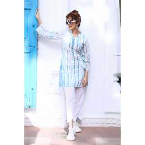 Conjunto de Kurta Informal Azul Cielo con Estampado Tie-Dye y Mangas Tres Cuartos, Talla XS - Product Image 2